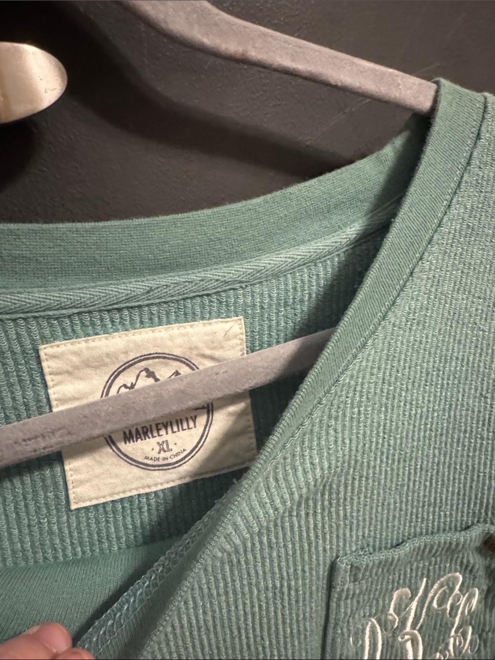 Women’s Marleylilly Pocket Crewneck Sweater - Sage Green, HAS MONOGRAM- “DKC” - Picture 2 of 6